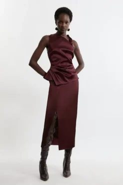 Italian Satin Asymmetrical Tailored Fitted Maxi Dress