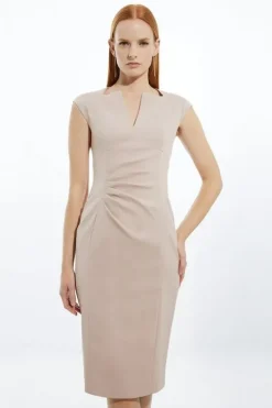 Italian Structured Rib Tailored Envelope Neck Pencil Midi Dress