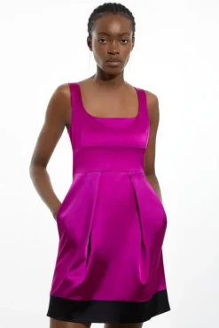 Italian Structured Satin Color Block Tailored Lantern Mini Dress