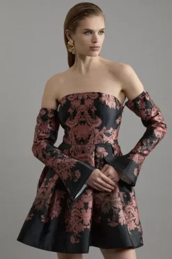 Jacquard Woven Floral Off The Shoulder Mini Dress