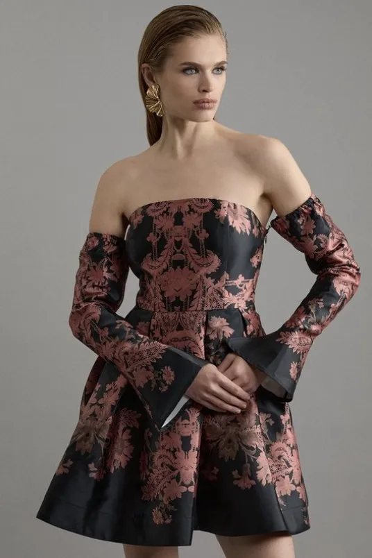 Jacquard Woven Floral Off The Shoulder Mini Dress