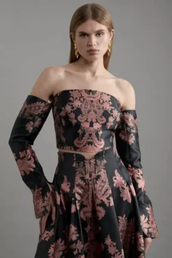 Jacquard Woven Floral Off The Shoulder Top