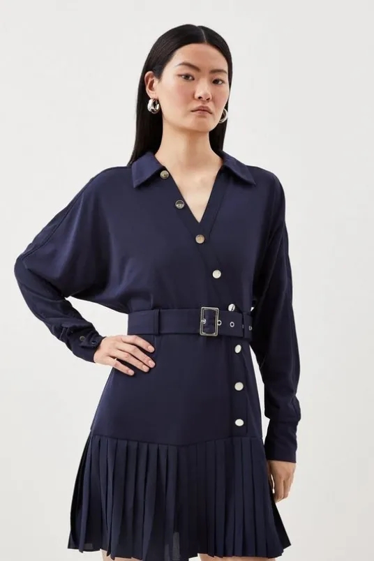 Jersey And Georgette Mix Belted Pleat Mini Dress
