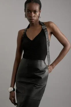 Jersey Crepe And Pu Mix Jersey Halter Bodysuit