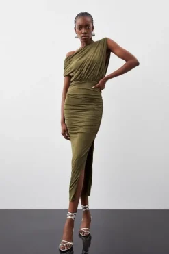 Jersey Crepe Asymmetric Neckline Maxi Dress