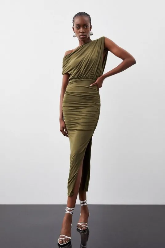 Jersey Crepe Asymmetric Neckline Maxi Dress