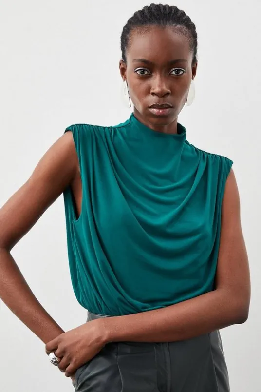 Jersey Crepe High Neck Ruched Bodysuit