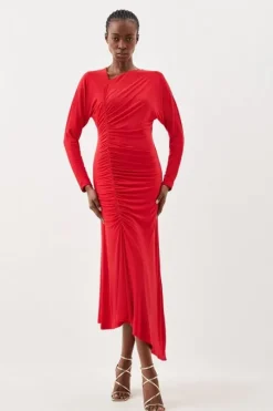 Jersey Crepe Ruched Long Sleeve Midi Dress