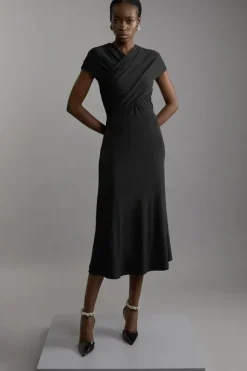 Jersey Crepe Ruched Sleeveless Maxi Dress