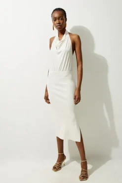 Jersey Knit Mix Halter Neck Midi Dress