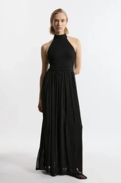 Jersey Mesh Halterneck Maxi Dress