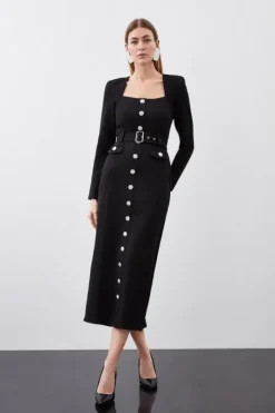 Jersey Ponte Diamante Back Hardwear Long Sleeve Midi Dress