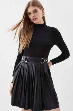 Knitted Skater Dress With Pu Detailing
