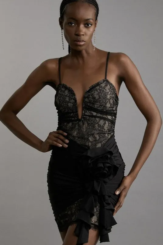 Lace And Jersey Crepe Ruched Mini Dress