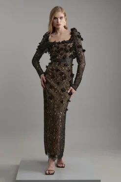 Lace Petal Applique Woven Midi Dress