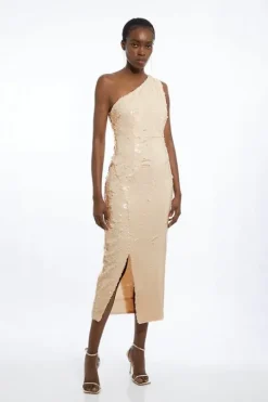 Layered Sequin One Shoulder Woven Split Midi Dress