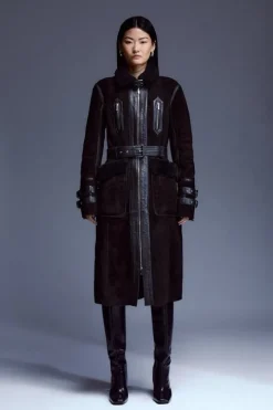 Leather And Shearling Mix Long Aviator Coat