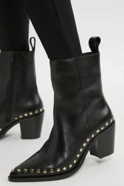 Leather Block Heel Stud Ankle Boot