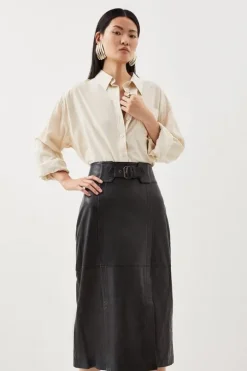 Leather Buckle Waist Detail Pencil Midi Skirt