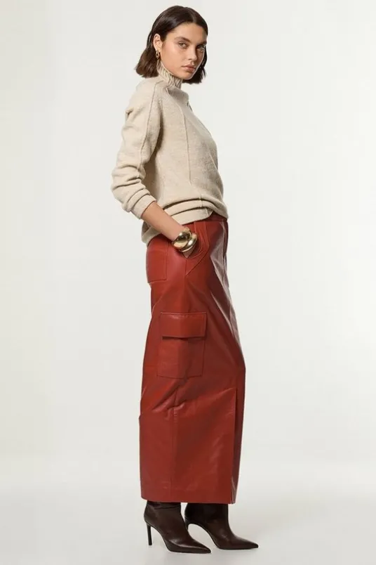 Leather Cargo Pocket Maxi Tailored Skirt