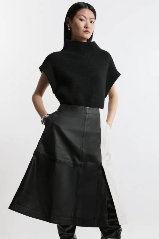 Leather Color Block Midi A-Line Skirt