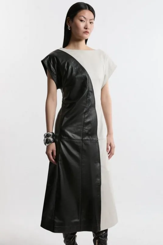 Leather Color Block Midi Dress