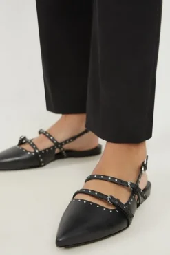 Leather Double Buckle Strap Studded Slingback Pointed Flats