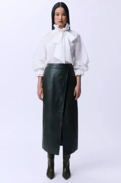 Leather Double Waistband A-Line Midi Skirt