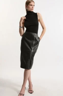 Leather Double Zip Pencil Midi Skirt