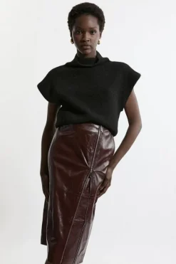 Leather Double Zip Pencil Midi Skirt