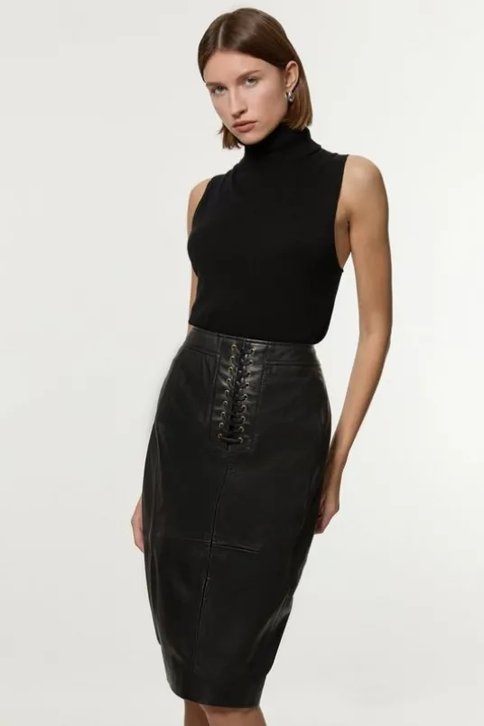 Leather Lace Up Pencil Skirt