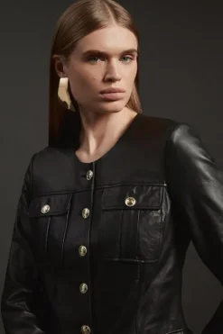 Leather Military Button Through Tailored Collarless Jacket