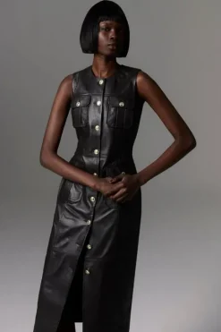 Leather Military Button Tailored Pencil Dress