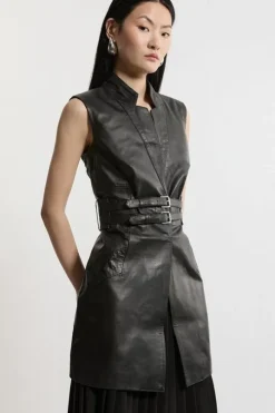 Leather Notch Neck Sleeveless Jacket