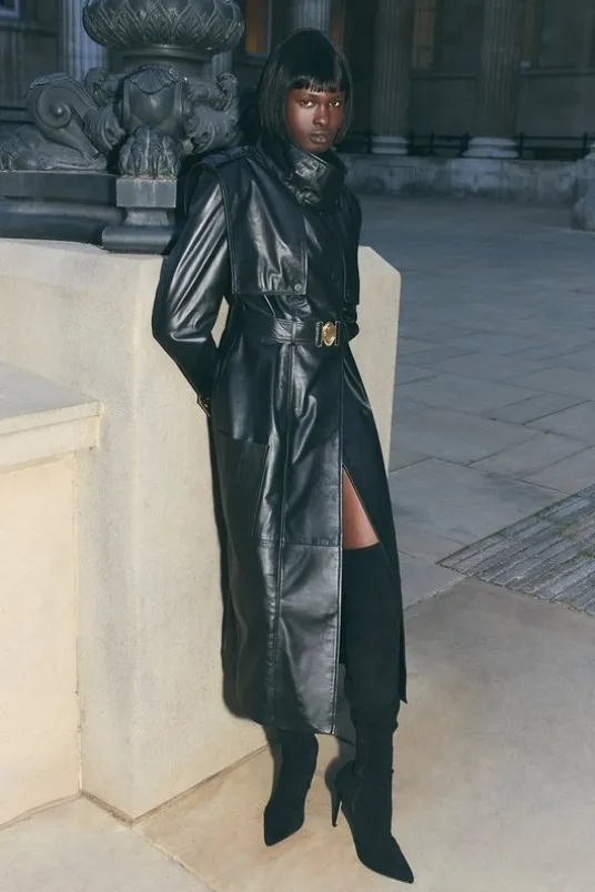 Leather Strong Shoulder Belted Trench Coat