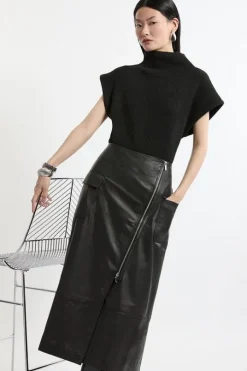 Leather Utility Pocket A Line Zip Through Midi Skirt