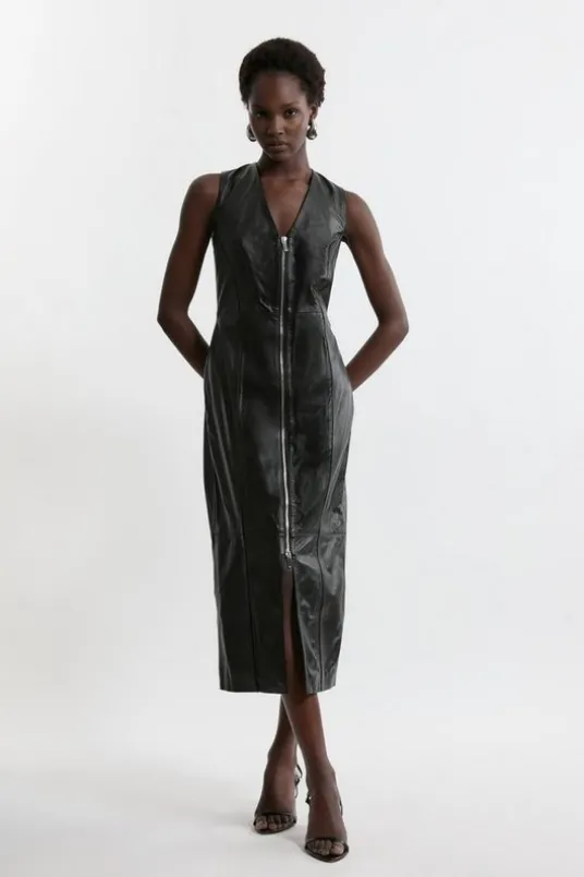 Leather Zip Through Sleeveless Seam Detail Pencil Dress