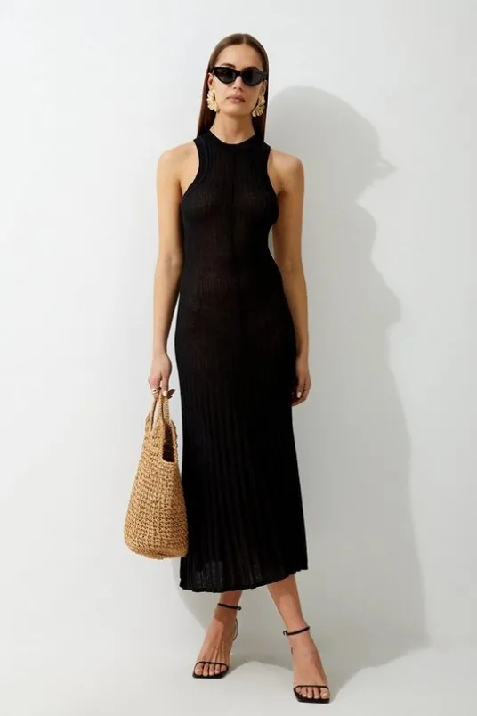 Linen Blend Racer Neck Full Skirt Knit Dress