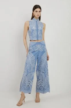 Linen Cutwork Embroidery Woven Pants