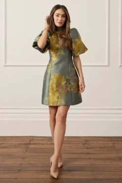 Lydia Millen Floral Jacquard Mini Dress With Tie Detail And Puff Sleeve