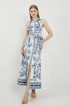 Lydia Millen Petite Cotton Sateen Woven Halter Shirt Dress