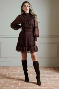 Lydia Millen Pleat Crinkle High Neck Drama Sleeve Woven Mini Dress