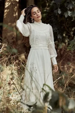 Lydia Millen Pleat Crinkle High Neck Drama Sleeve Woven Midaxi Dress