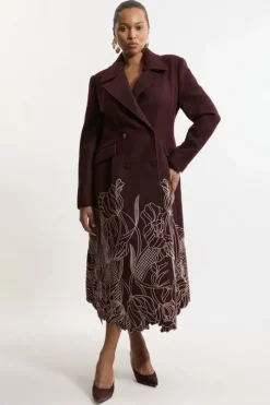 Lydia Millen Plus Size Wool Blend Floral Cutwork Flared Skirt Midaxi Coat
