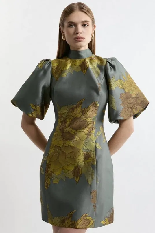 Lydia Millen Tall Floral Jacquard Mini Dress With Tie Detail And Puff Sleeve