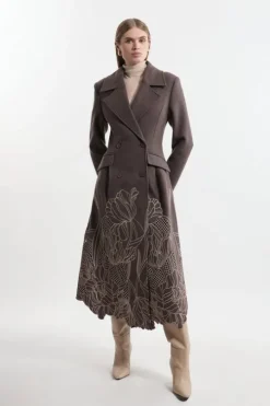 Lydia Millen Wool Blend Floral Cutwork Flared Skirt Midaxi Coat