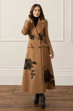 Lydia Millen Wool Blend Placed Lace Embroidered Flared Skirt Tailored Midaxi Coat
