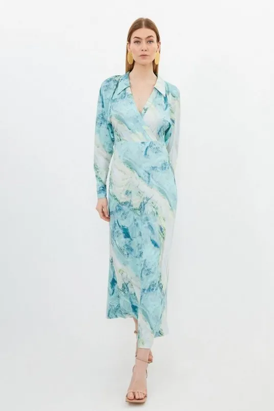 Marble Print Jersey Shirt Midi Dress