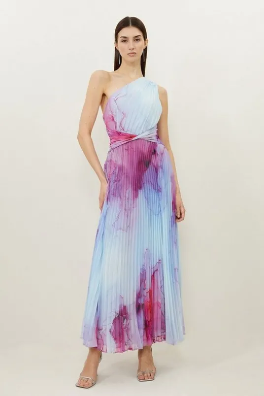 Marble Printed Soft Pleated One Shoulder Maxi Dress