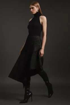 Metallic Boucle Tailored Ruffle Asymmetric Midaxi Skirt